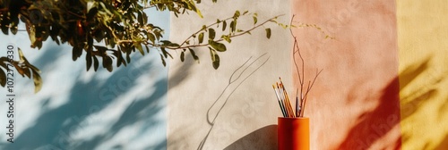 Minimalist flat lay design with branches and brushes for surinamese national art celebration photo