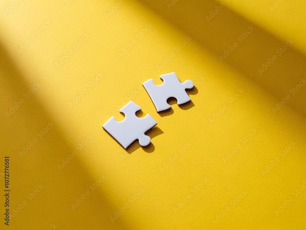 Top view two small piece of white jigsaw puzzle isolated on a yellow background with copy space.