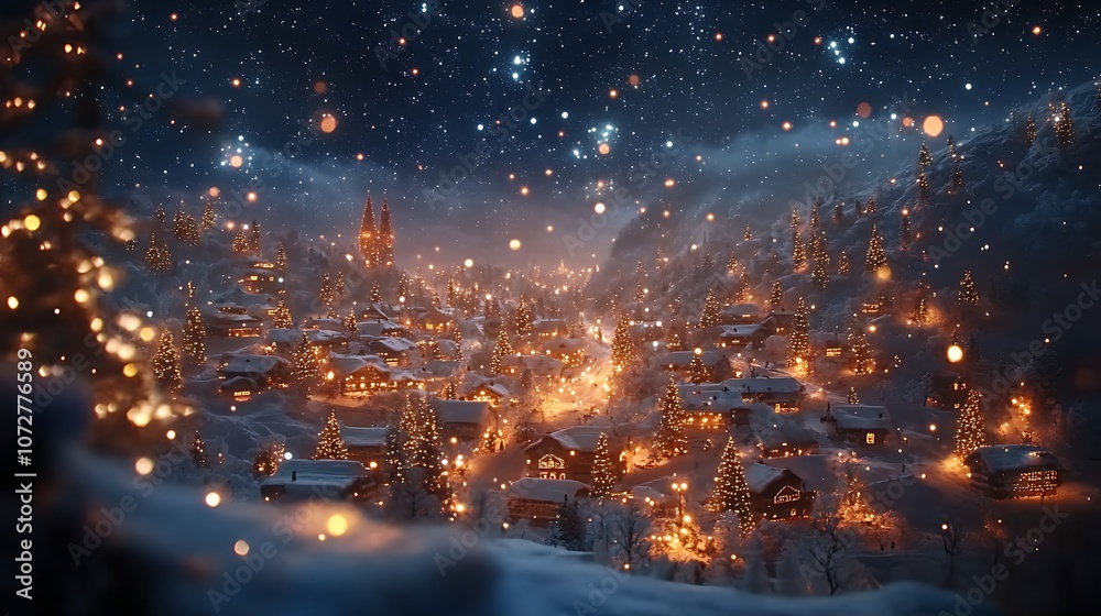A Snowy Village Illuminated by Christmas Lights Under a Starry Night Sky A Snowy Village Illuminated by Christmas Lights Under a Starry Night Sky
