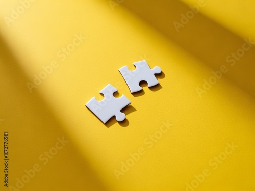 Obraz na płótnie Top view two small piece of white jigsaw puzzle isolated on a yellow background with copy space. w salonie