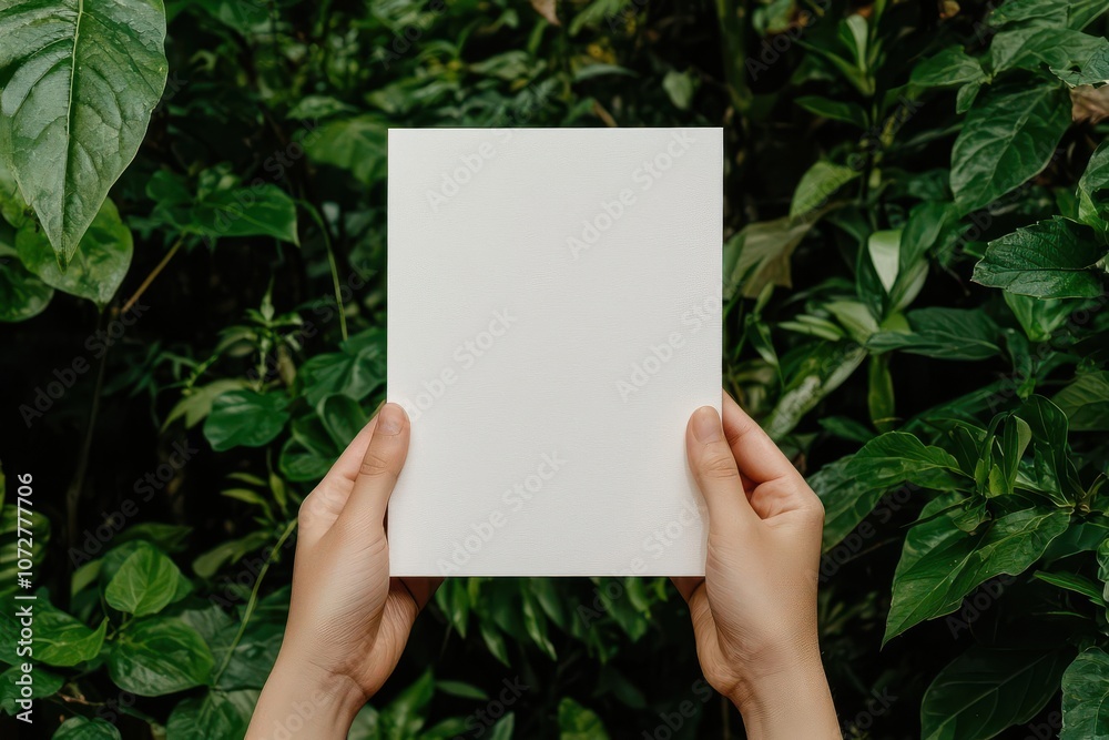 Close-up of blank card held by two fingers against a blurred outdoor background, Hand holding card with outdoor background, Natural and versatile Close-up of blank card held by two fingers against a blurred outdoor background, Hand holding card with outdoor background, Natural and versatile