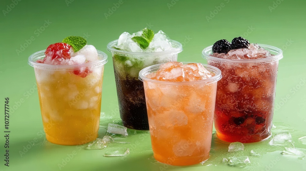 Refreshing japanese summer beverages flat lay with ramune and fruit garnish on green background Refreshing japanese summer beverages flat lay with ramune and fruit garnish on green background