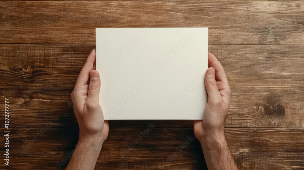 Blank card held by two hands over a table with subtle lighting, Card held by hands over table, Personal and natural Blank card held by two hands over a table with subtle lighting, Card held by hands over table, Personal and natural