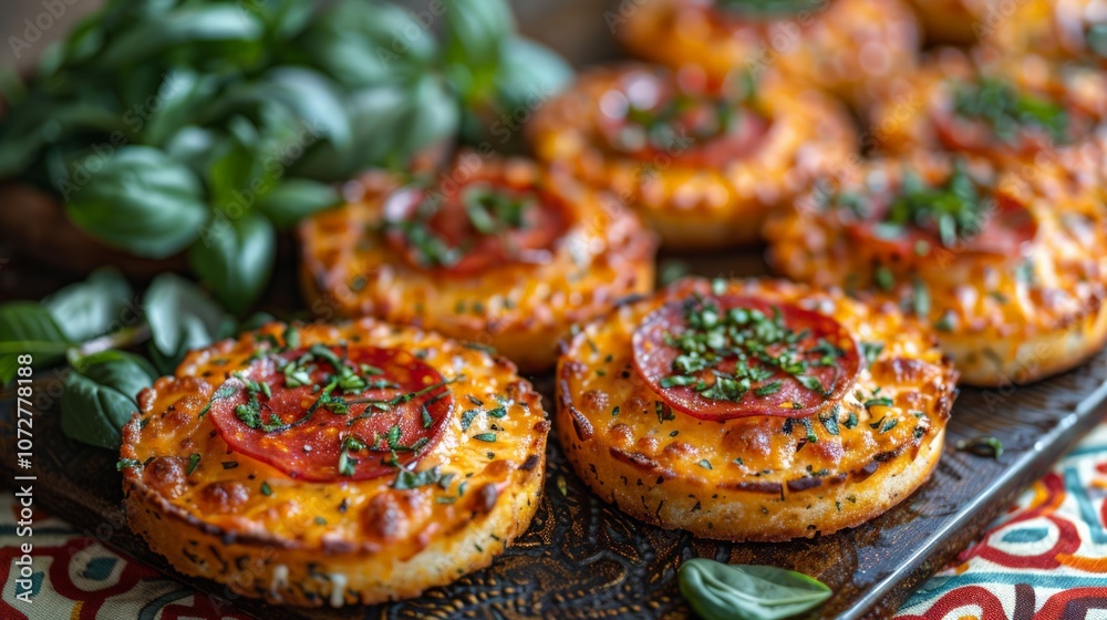 Pizza Party: Mini pizzas with various toppings like cheese, pepperoni, and vegetables, set on a colorful tablecloth with playful patterns, creating a lively and inviting scene. Pizza Party: Mini pizzas with various toppings like cheese, pepperoni, and vegetables, set on a colorful tablecloth with playful patterns, creating a lively and inviting scene.