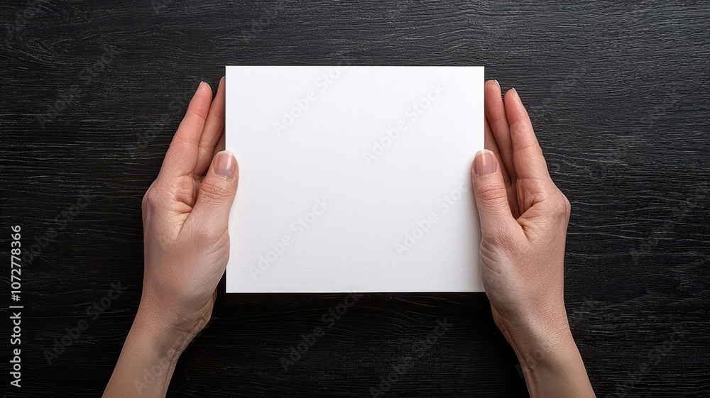 Blank card held by two hands over a table with subtle lighting, Card held by hands over table, Personal and natural Blank card held by two hands over a table with subtle lighting, Card held by hands over table, Personal and natural