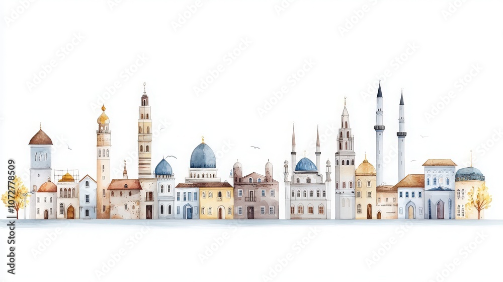 Obraz premium Watercolor Cityscape with Mosques and Minarets.