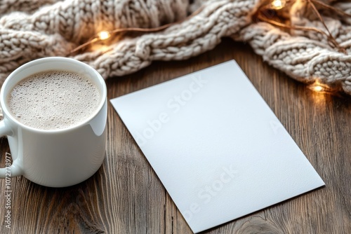 Blank card mockup on a wooden table with a cozy, natural lighting setup, Card mockup on wood table with natural light, Warm and inviting photo