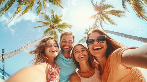 Wallpaper Mural High-resolution photorealistic photograph of a family of four sharing a selfie moment on a sunny beach, with palm trees and clear skies in the background Styled like a high-end lifestyle magazine Torontodigital.ca