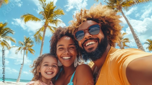 Wallpaper Mural High-resolution photorealistic capture of a joyful family smiling for a selfie on a bright beach day, with palm trees and blue skies in the background Styled like a high-end lifestyle magazine with a Torontodigital.ca