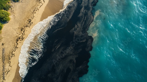 Aerial view of coastal area with dark, sticky tar covering beach and seawater, highlighting environmental pollution and providing copy space for text or design.
