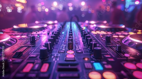 A DJ mixer with colorful lights and a blurred crowd in the background.