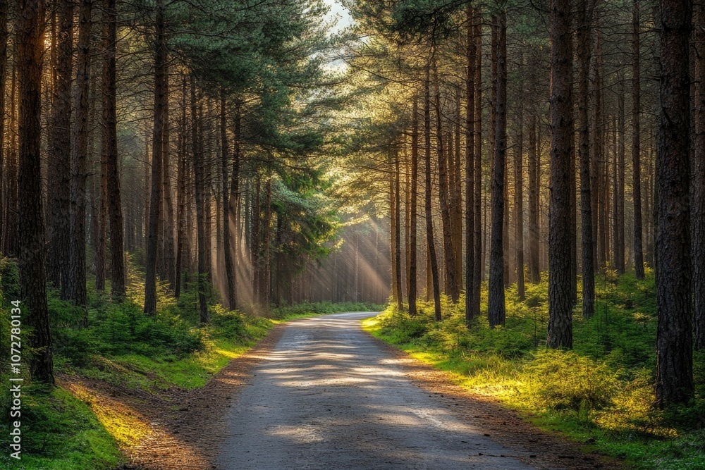 Obraz premium Sunlight filtering through pine trees onto a quiet forest road, tranquil and scenic