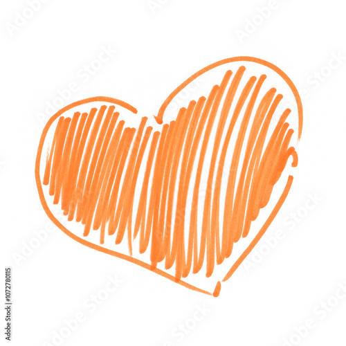 An orange minimalistic heart, hand-drawn with a felt-tip pen. Heart, love, hand-drawn marker. A heart isolated on a white background for design