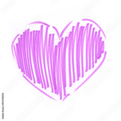 A bright pink purple heart, hand-drawn with a felt-tip pen. Heart, love, hand-drawn marker. A heart isolated on a white background for a design