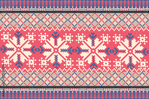 Art Abstract with Floral Pixel Designs. Traditional Cross Stitch needlework. Geometric Ethnic Pattern, Embroidery, Textile Ornamental, Fabric, Hand Stitch Pattern, Cultural Stitching Pixel Art