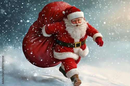 Santa Claus with a huge bag on the run to delivery christmas gifts at snow fall.Merry Christmas text Calligraphic Lettering Vector illustration. with generative ai