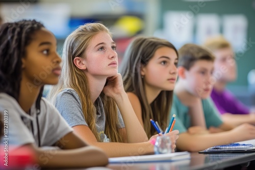 Students attentively listening to a teacher's explanation, taking notes and asking questions to deepen their understanding of the subject matter