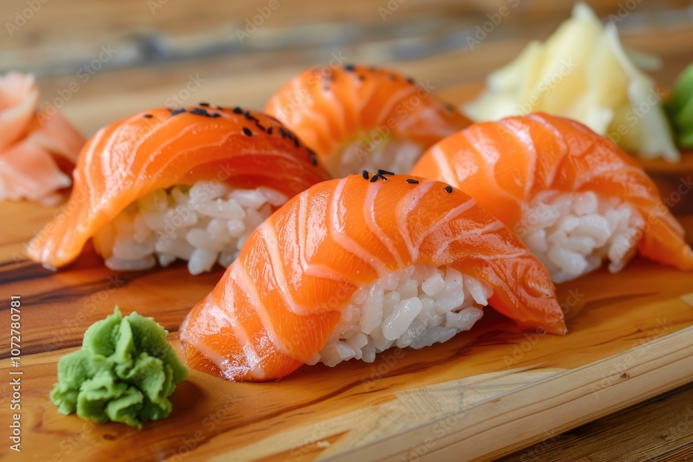 Salmon nigiri sushi with rice and wasabi on a wooden board Salmon nigiri sushi with rice and wasabi on a wooden board