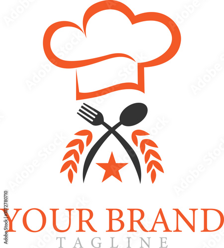 Kitchen master chef hat logo design vector template cooking restaurant business food fork spoon illustration.