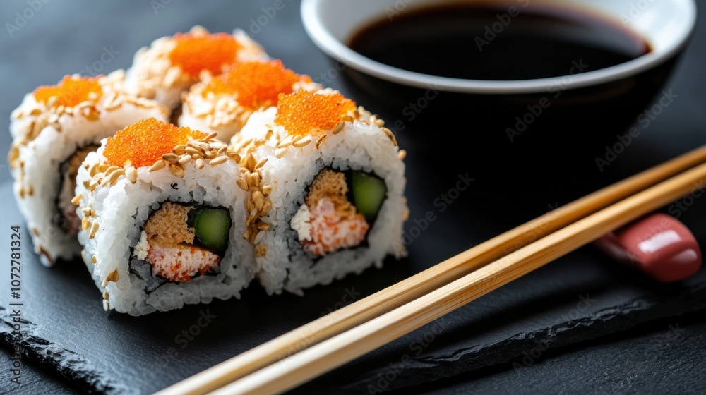 Vibrant sushi arrangement with accents and elegant presentation for modern cuisine concepts Vibrant sushi arrangement with accents and elegant presentation for modern cuisine concepts