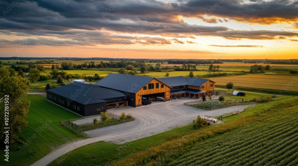 Scenic Farm Landscape with Livestock at Sunset Scenic Farm Landscape with Livestock at Sunset