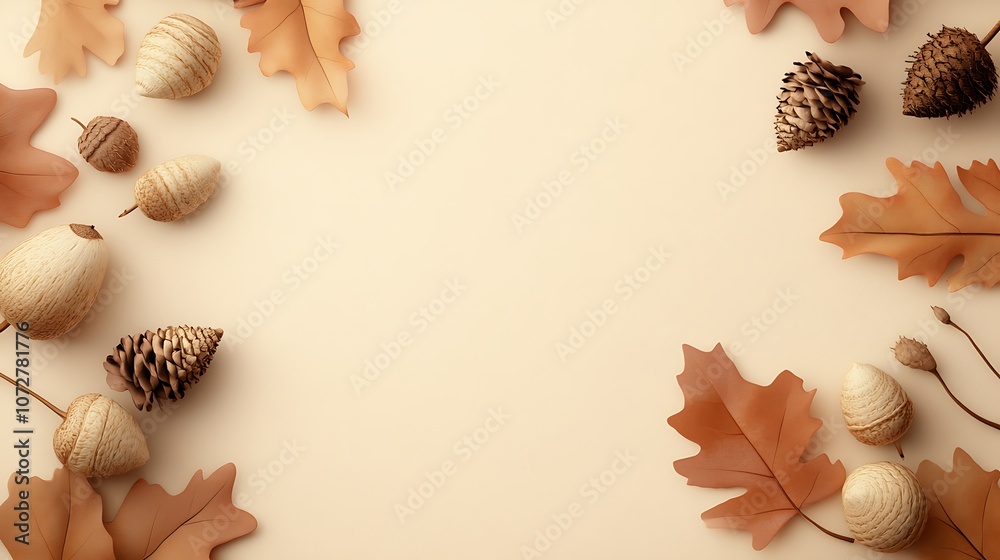 Autumnal Elements Arranged on a Light Beige Background Autumnal Elements Arranged on a Light Beige Background