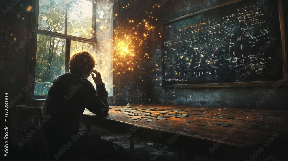 A person sits at a wooden table, pondering a glowing puzzle piece, surrounded by equations and warm light. A person sits at a wooden table, pondering a glowing puzzle piece, surrounded by equations and warm light.