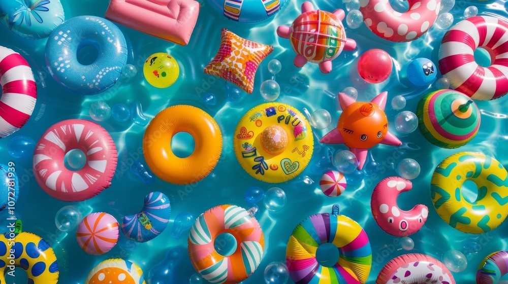 Fototapeta premium A shot from above of a pool filled with an array of fun and quirky inflatable pool toys with bright colors and fun patterns tered throughout creating a vibrant and energetic scene.
