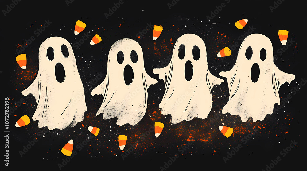 Five white ghosts on a black background with orange and yellow candy corn scattered around. Whimsical. Illustration Five white ghosts on a black background with orange and yellow candy corn scattered around. Whimsical. Illustration