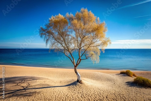 Minimalist Capture of a Sea Birch and Sand Against the Backdrop of a Serene Blue Ocean Surface in a Top-Down Perspective, Evoking Calmness and Tranquility