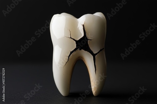 A broken tooth showing signs of decay needing immediate dental attention photo