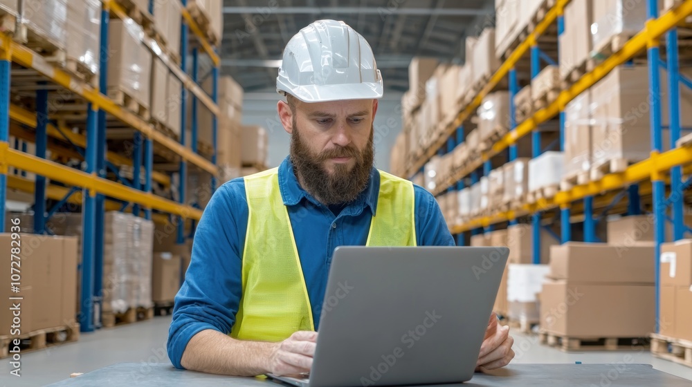 Male warehouse worker in a hard hat using a laptop in a storage facility with boxes. Male warehouse worker in a hard hat using a laptop in a storage facility with boxes.