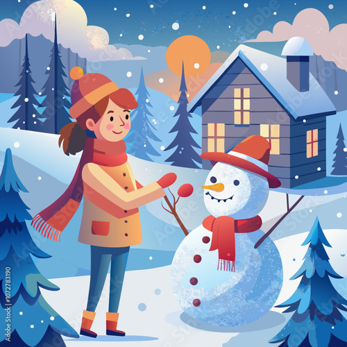 Winter Wonderland: Girl Building Snowman 