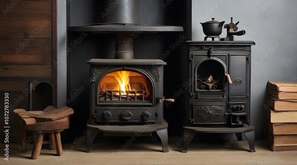 cast iron stove with small fan on top.generative.ai cast iron stove with small fan on top.generative.ai