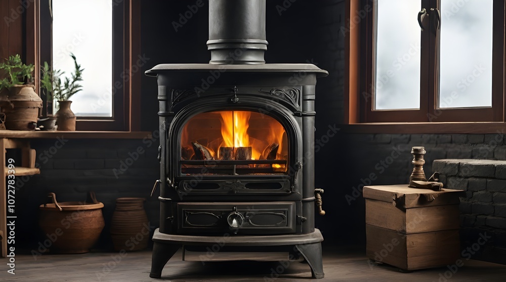 cast iron stove with small fan on top.generative.ai cast iron stove with small fan on top.generative.ai