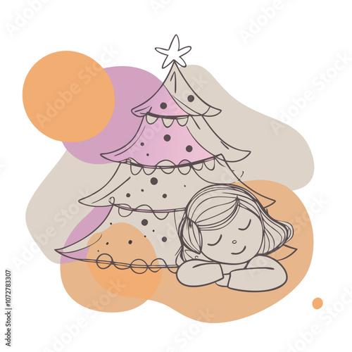 Peaceful Christmas Eve: A sweet illustration of a girl peacefully sleeping under a decorated Christmas tree, evokes a sense of calm and holiday magic. 