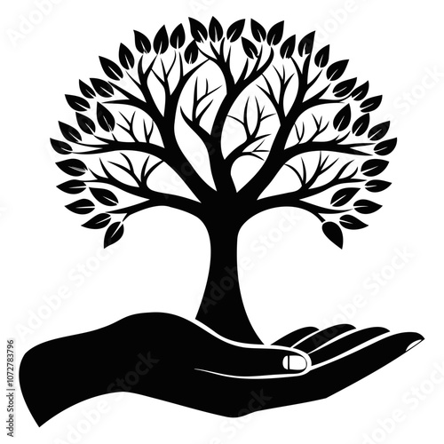 Tree on hand black silhouette vector illustration isolated on a transparent background