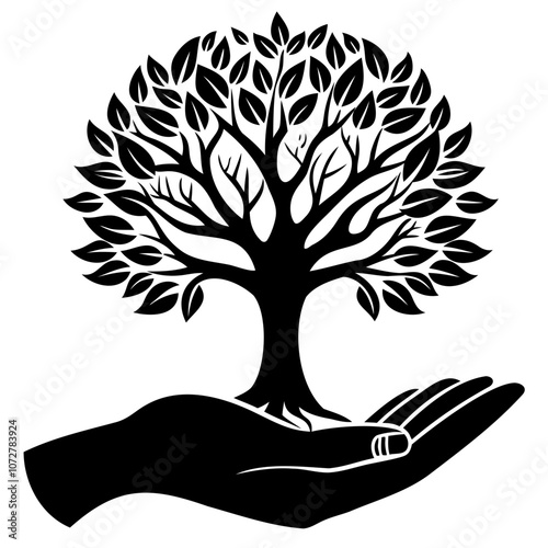 Tree on hand black silhouette vector illustration isolated on a transparent background