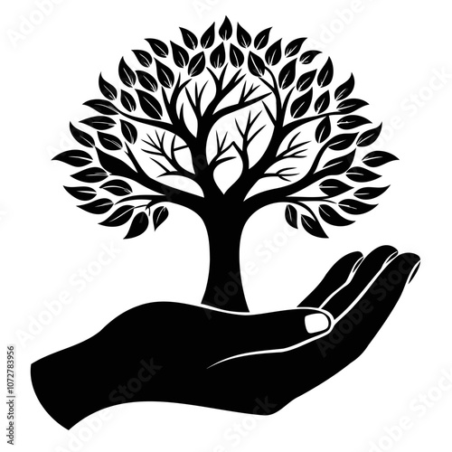 Tree on hand black silhouette vector illustration isolated on a transparent background