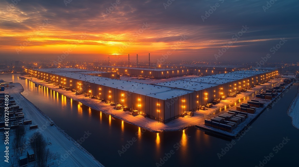 Obraz premium Aerial view of logistics warehouse center at night