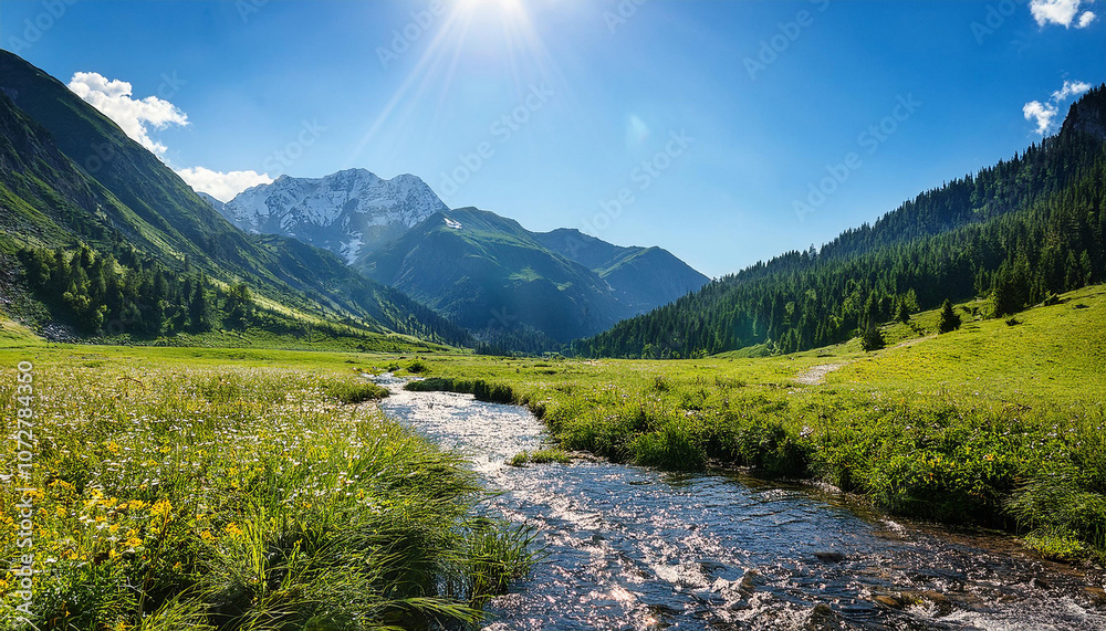 Sunny Mountain Meadow With Creek Running Though It
