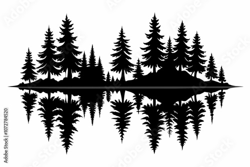 Reflection in water, pine tree forest black silhouette