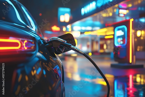 A hand connects a hydrogen pump nozzle to a car at a modern refueling station during nighttime photo