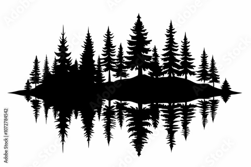 Reflection in water, pine tree forest black silhouette