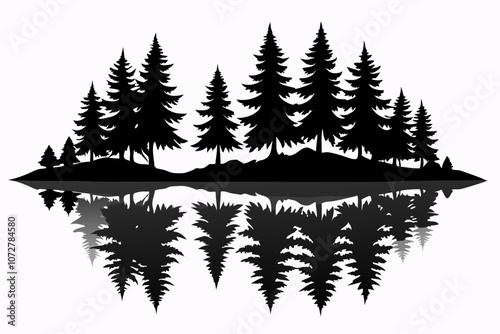 Reflection in water, pine tree forest black silhouette