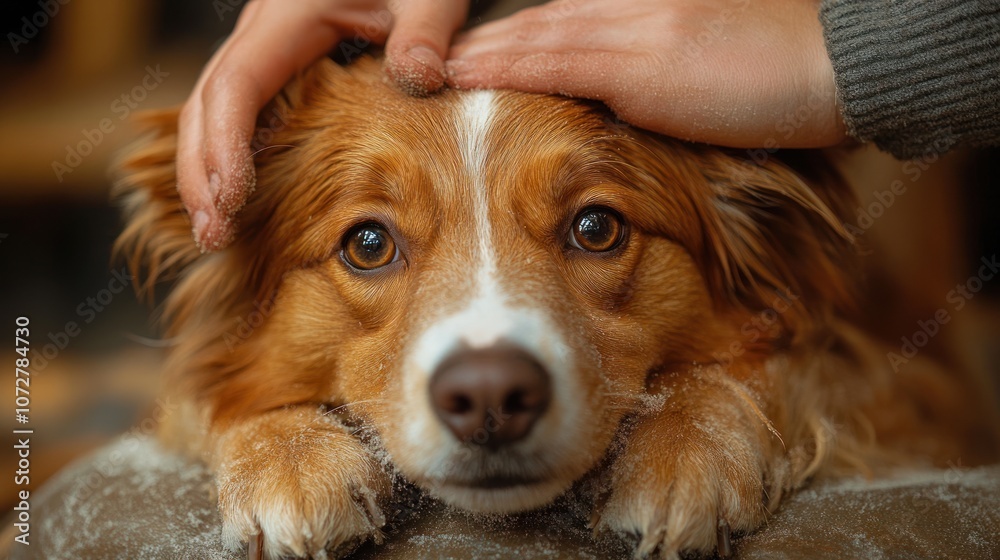 A close-up of a dog being gently petted by a person. A close-up of a dog being gently petted by a person.