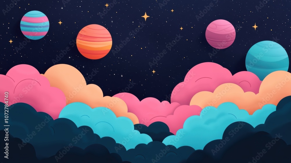 Colorful Fantasy Universe with Planets and Clouds