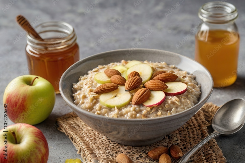A bowl of oatmeal with honey, almonds, and slices of apple.