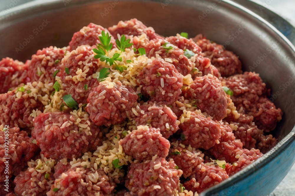 a close up of fresh raw ground beef with seasoning a close up of fresh raw ground beef with seasoning