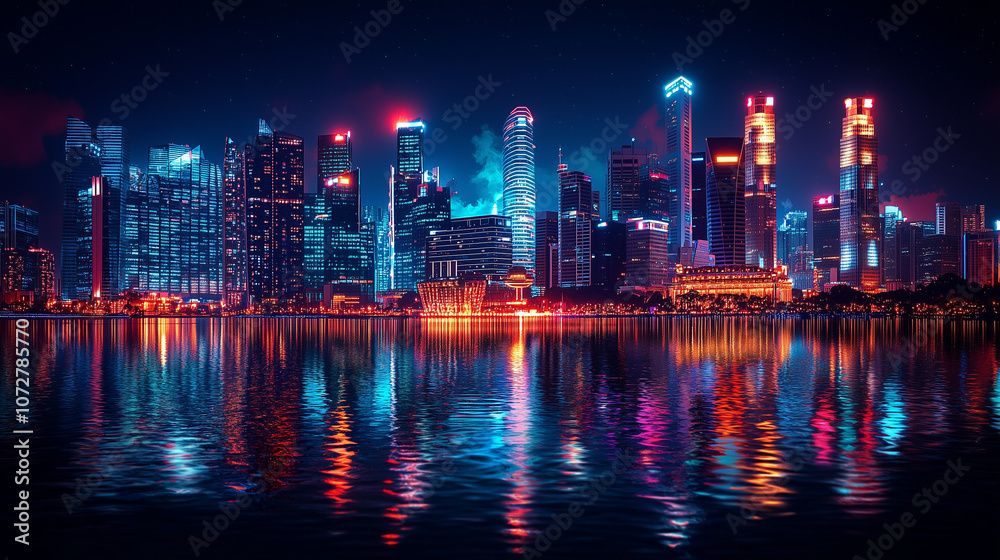 Fototapeta premium Neon Nightscape: Dazzling cityscape reflected in tranquil waters. Vibrant hues illuminate the modern architecture, creating a captivating nightscape. 